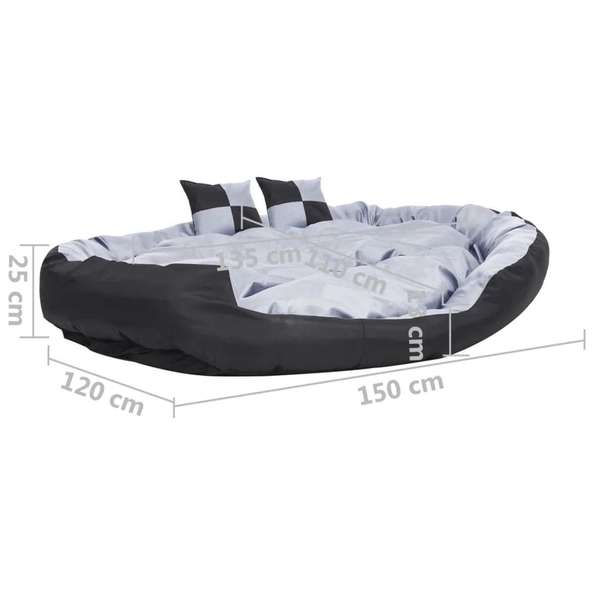 Großes, rundes Hundebett in Schwarz und Hellblau mit zwei karierten Kissen. Maße 150x120x25cm.
