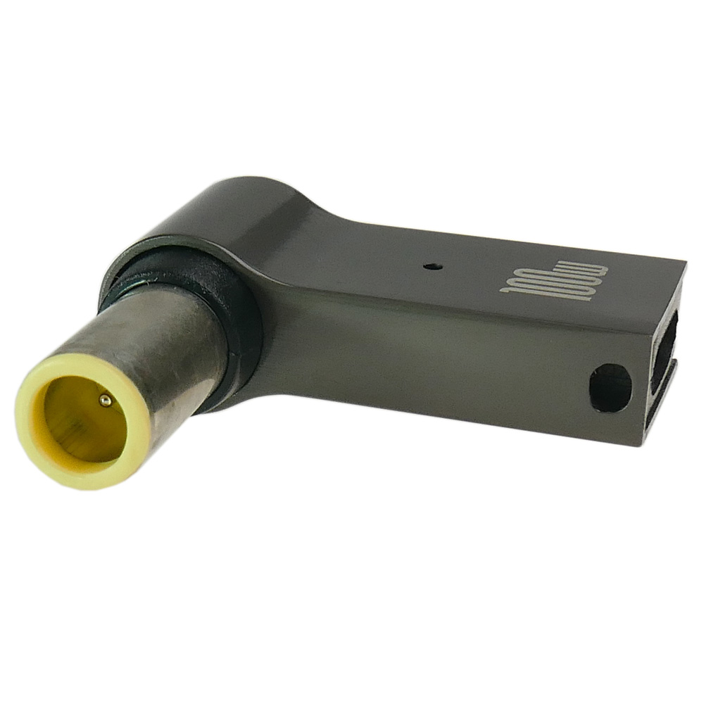 Szary adapter USB-C pod kątem 90 stopni z żółtym pierścieniem i oznaczeniem "100W".