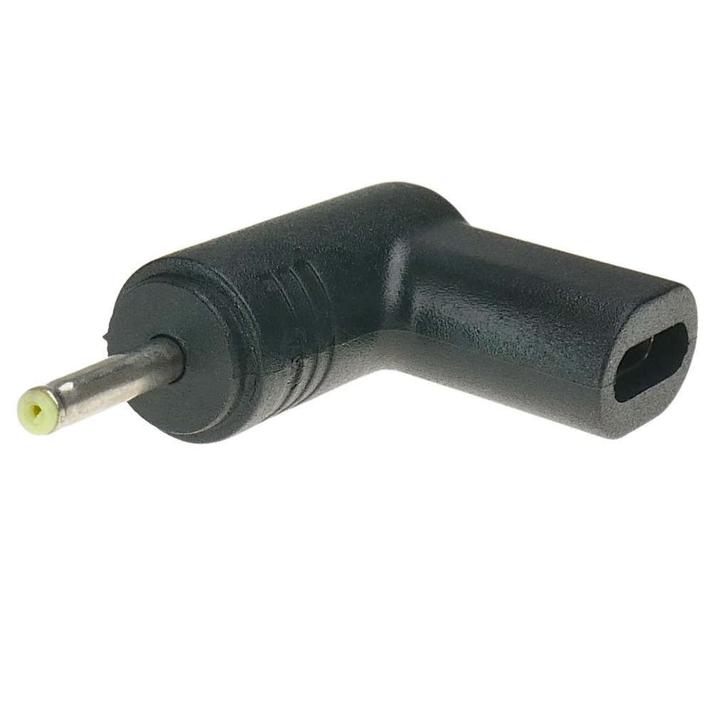 Czarny adapter pod kątem prostym z metalowym bolcem i prostokątnym otworem.