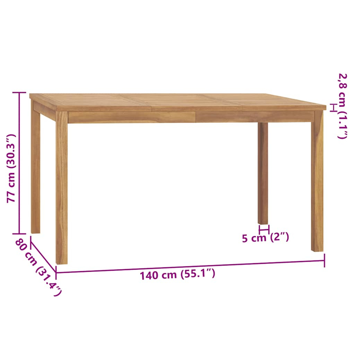 Ein rechteckiger Holztisch mit Maßangaben.