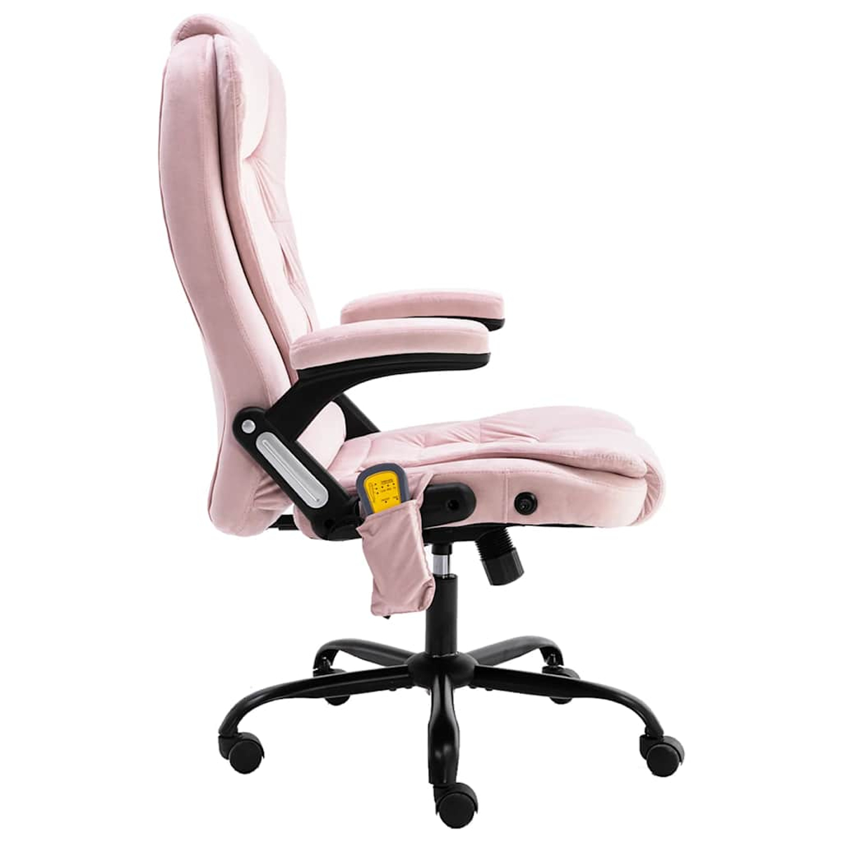 Ein rosafarbener Bürostuhl mit Massagefunktion, von der Seite gesehen.