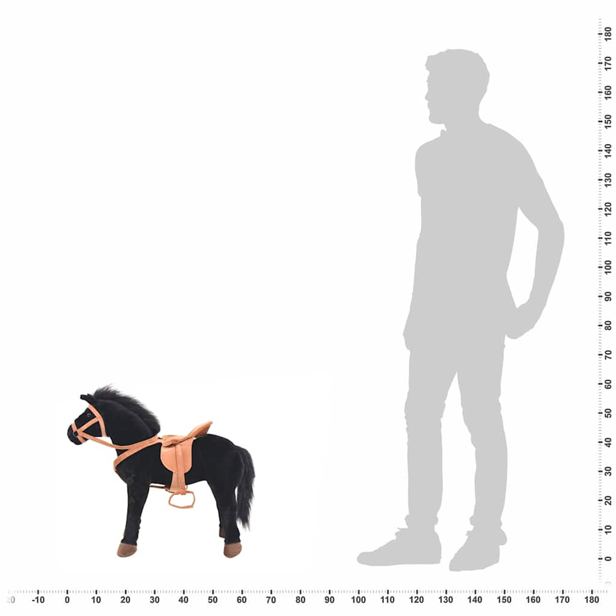 Schwarzes Plüschpferd mit Sattel und Zaumzeug, neben einer menschlichen Silhouette.