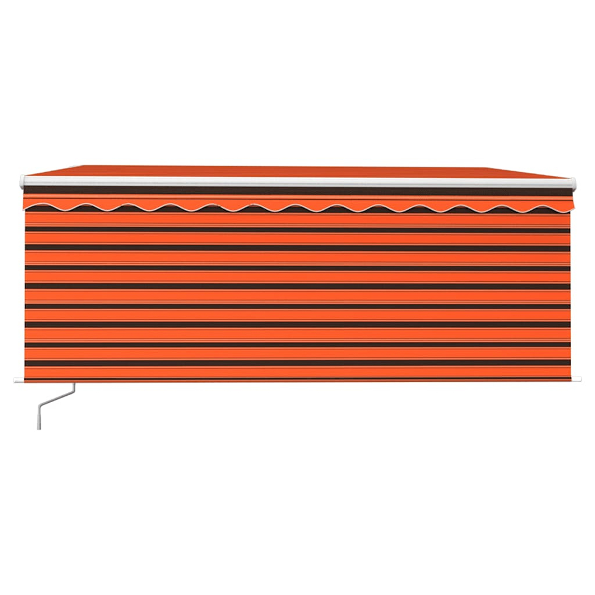 Orange und schwarze Streifen Markise mit Wellenrand und silbernem Gestell.