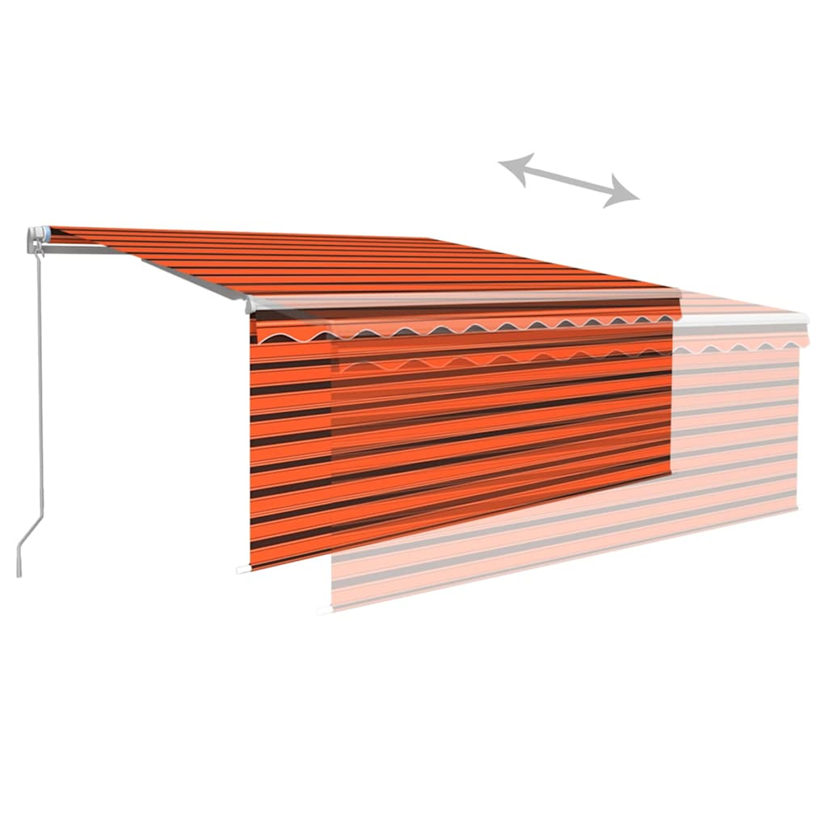 Ausgefahrene Markise mit orange-schwarzen Streifen und Pfeilen zur Anzeige der Bewegung.