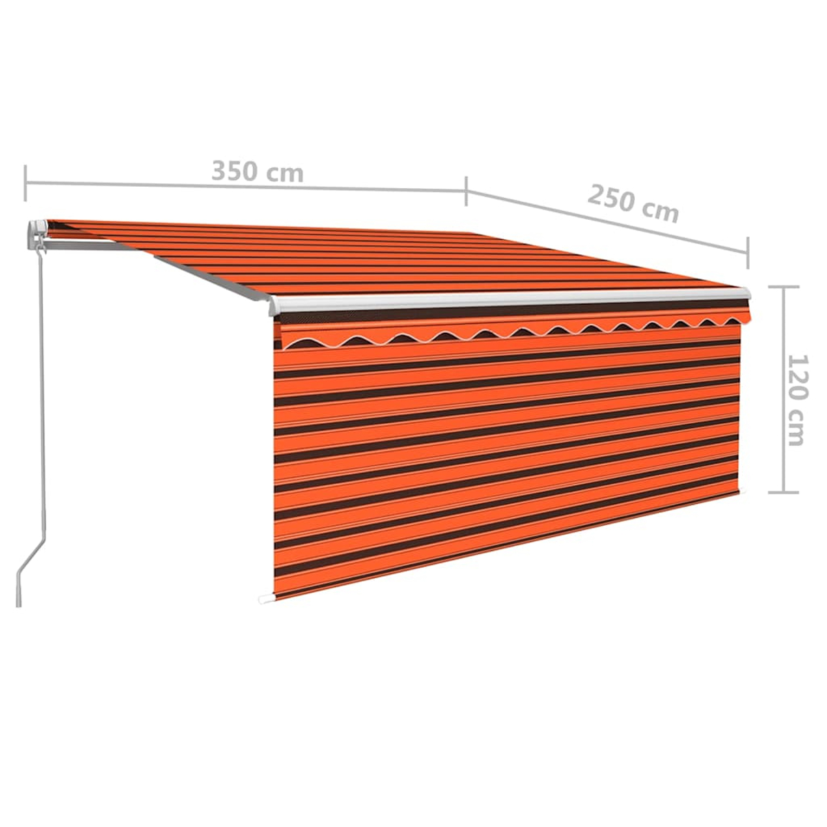 Ausziehbarer Markise mit orangen und schwarzen Streifen, 350x250x120cm.