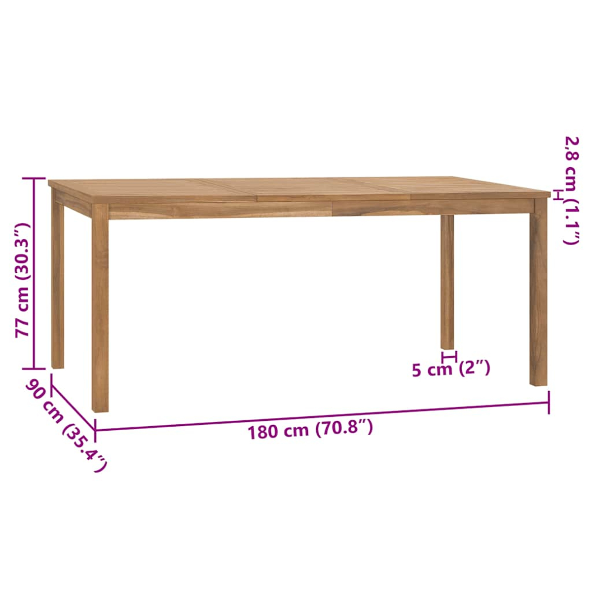 Holztisch mit Maßangaben: Höhe 77cm, Breite 90cm, Länge 180cm.