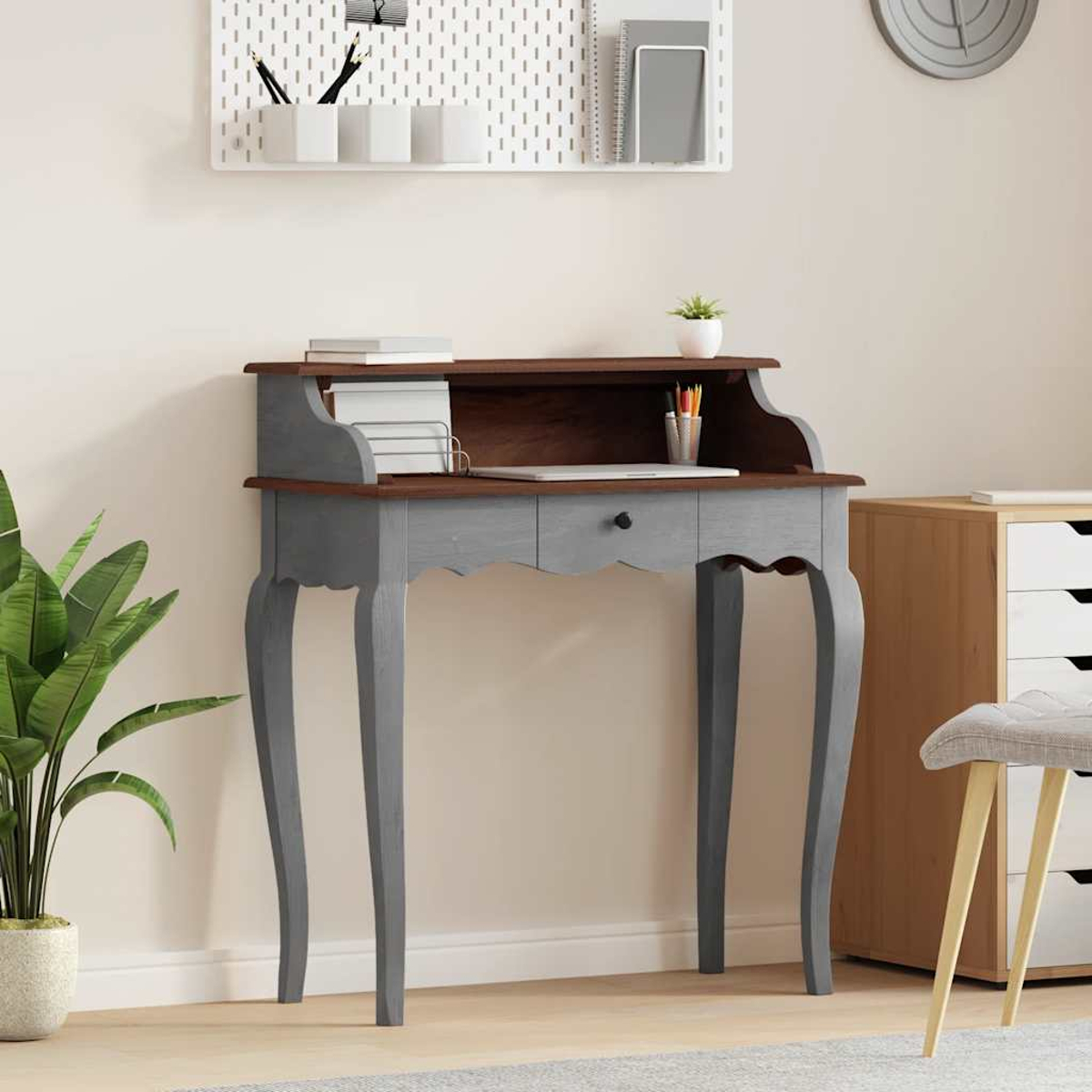Ein schmaler Schreibtisch mit Schublade, daneben ein Pflanzentopf und ein Aktenschrank.