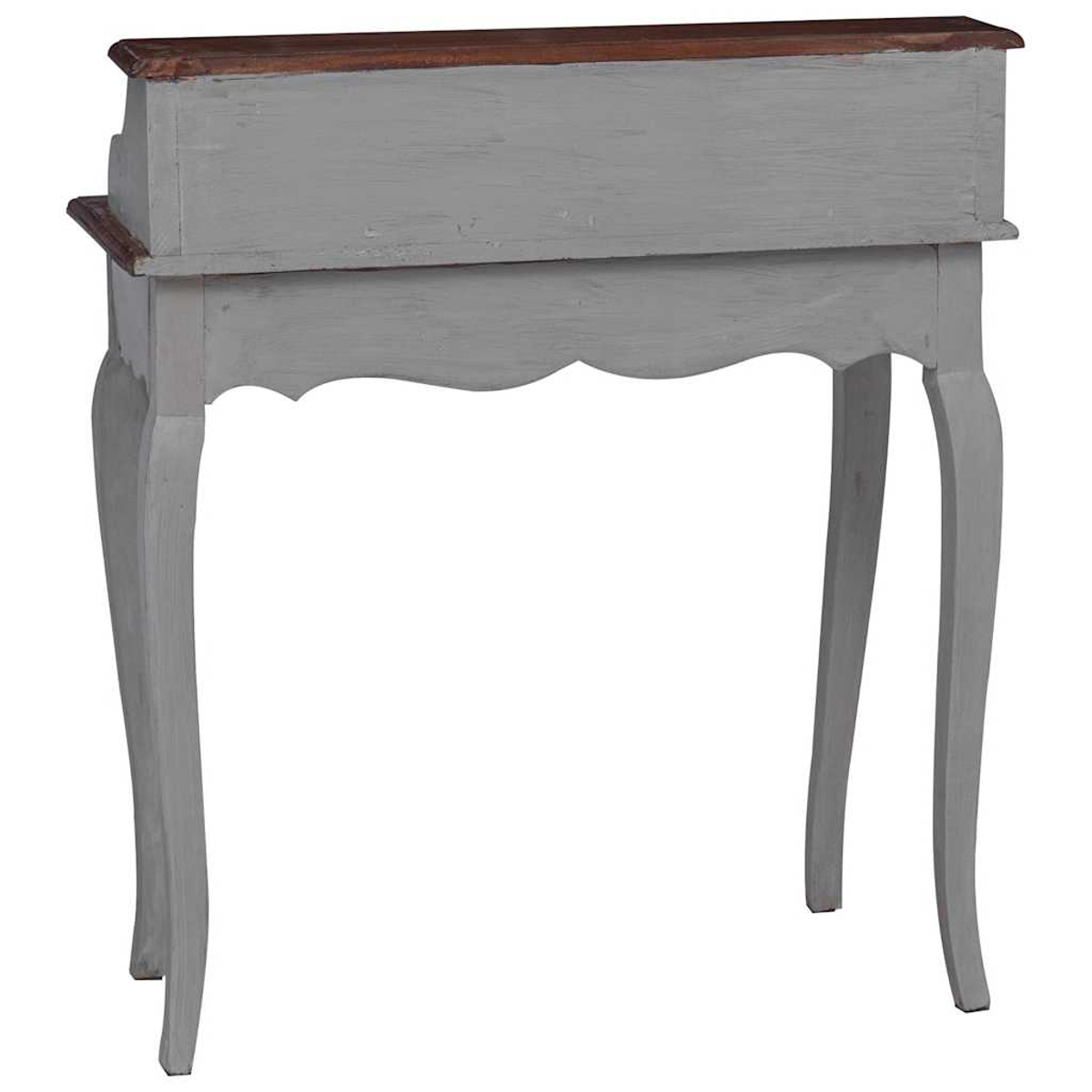 Graues Vintage-Schreibtisch mit geschwungenen Beinen und Holzplatte.
