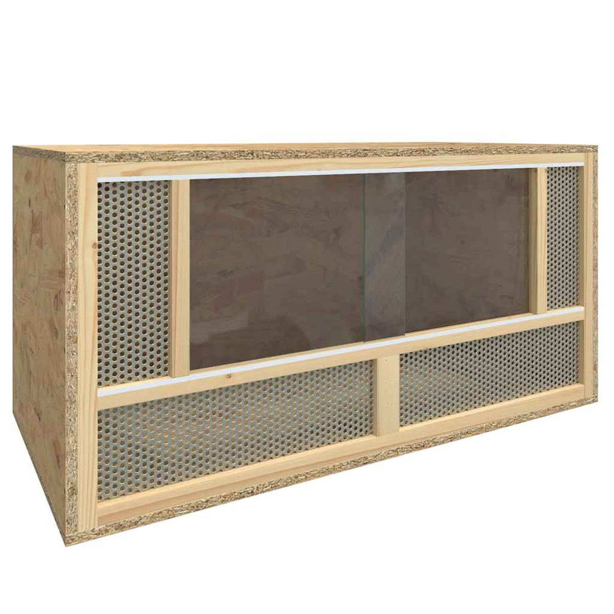 Holzterrarium mit Lüftungsgitter und Glasschiebetüren.