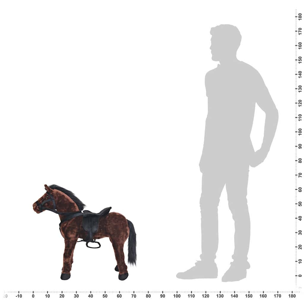 Ein braunes Plüschpferd mit Sattel neben einer Silhouette eines Mannes.
