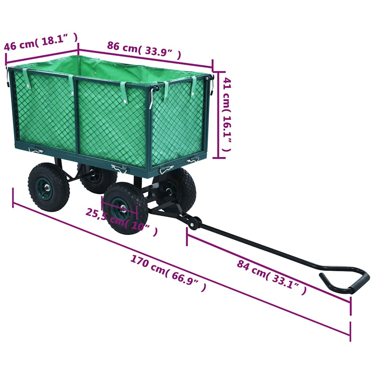 Grüner Bollerwagen mit vier Rädern und Maßangaben.