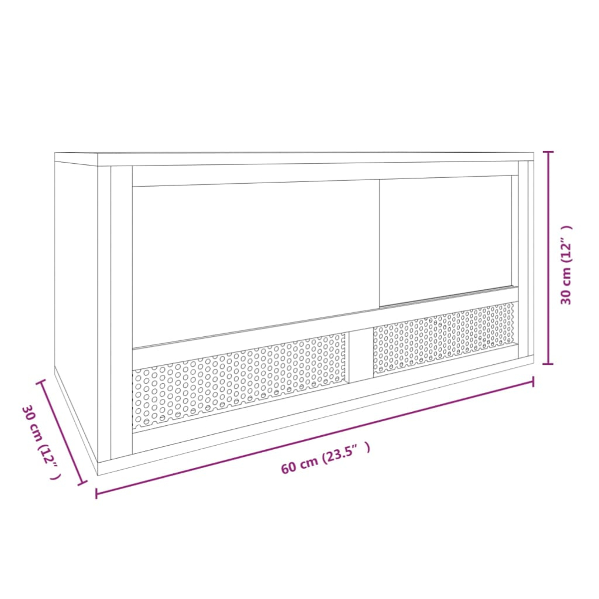 Ein weißer Terrarien-Schrank mit Lüftungsgittern und Maßangaben.