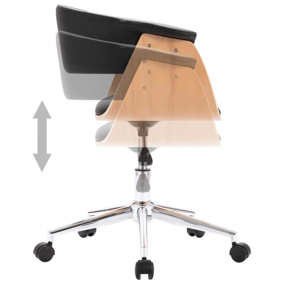 Schwarzer Bürostuhl mit Holzdetails und Höhenverstellungsanzeige.
