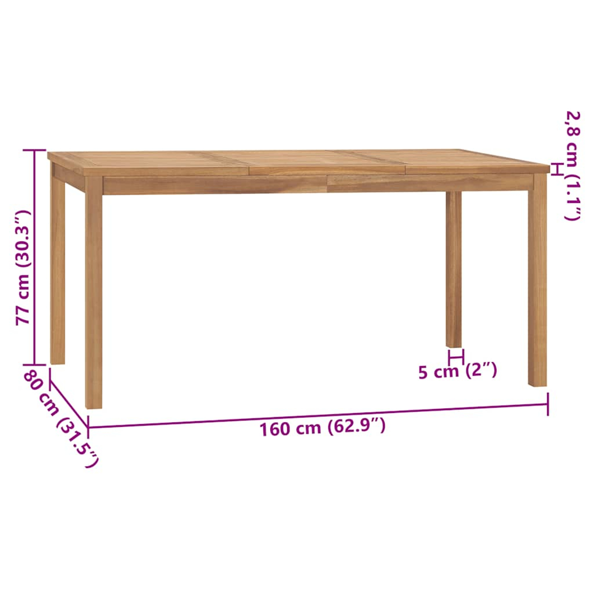 Ein rechteckiger Esstisch aus Holz mit den Maßen: 77 cm Höhe, 160 cm Länge und 80 cm Breite, auf weißem Hintergrund.