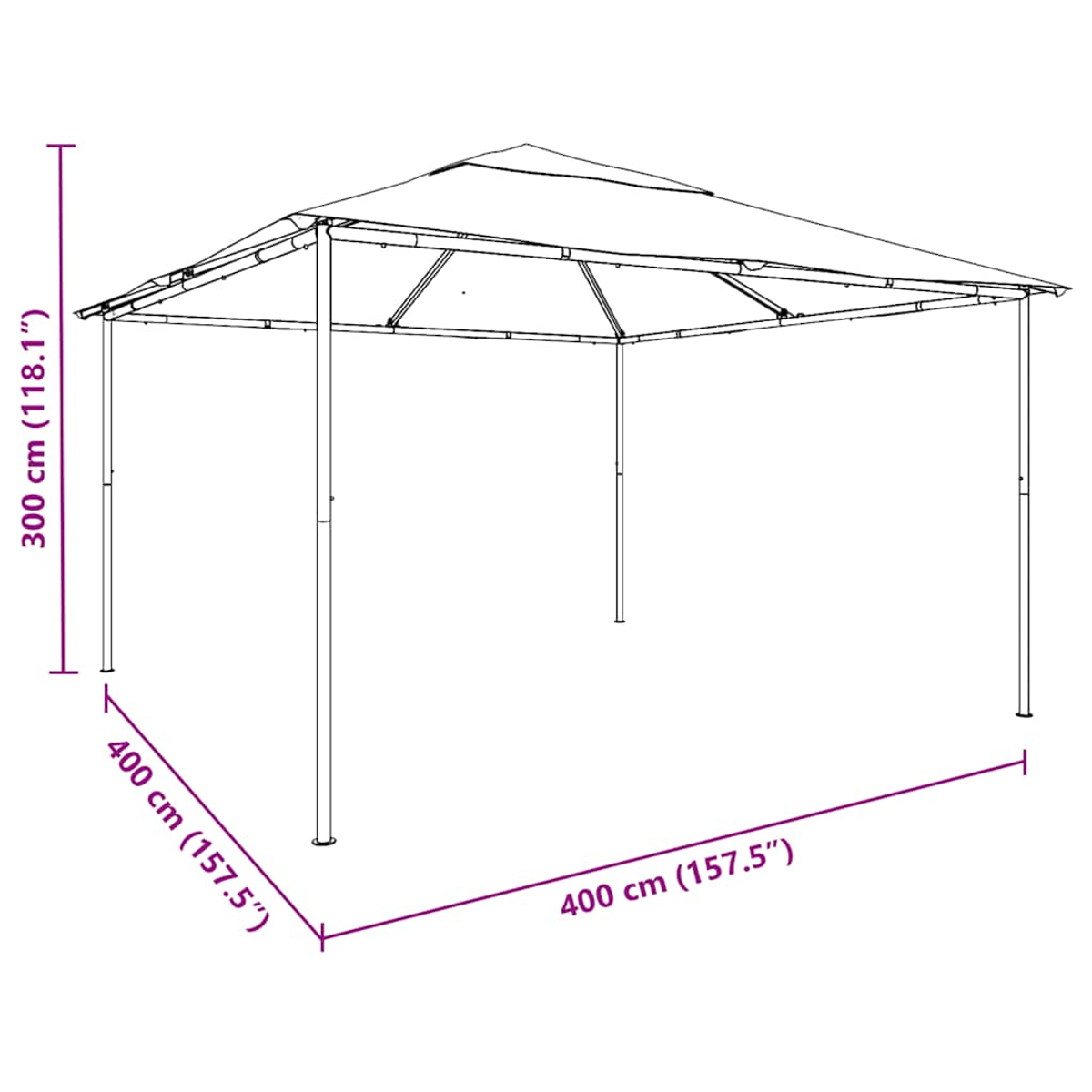 Eine schematische Darstellung eines Pavillons mit Maßen: Höhe 300 cm, Breite/Tiefe 400 cm.