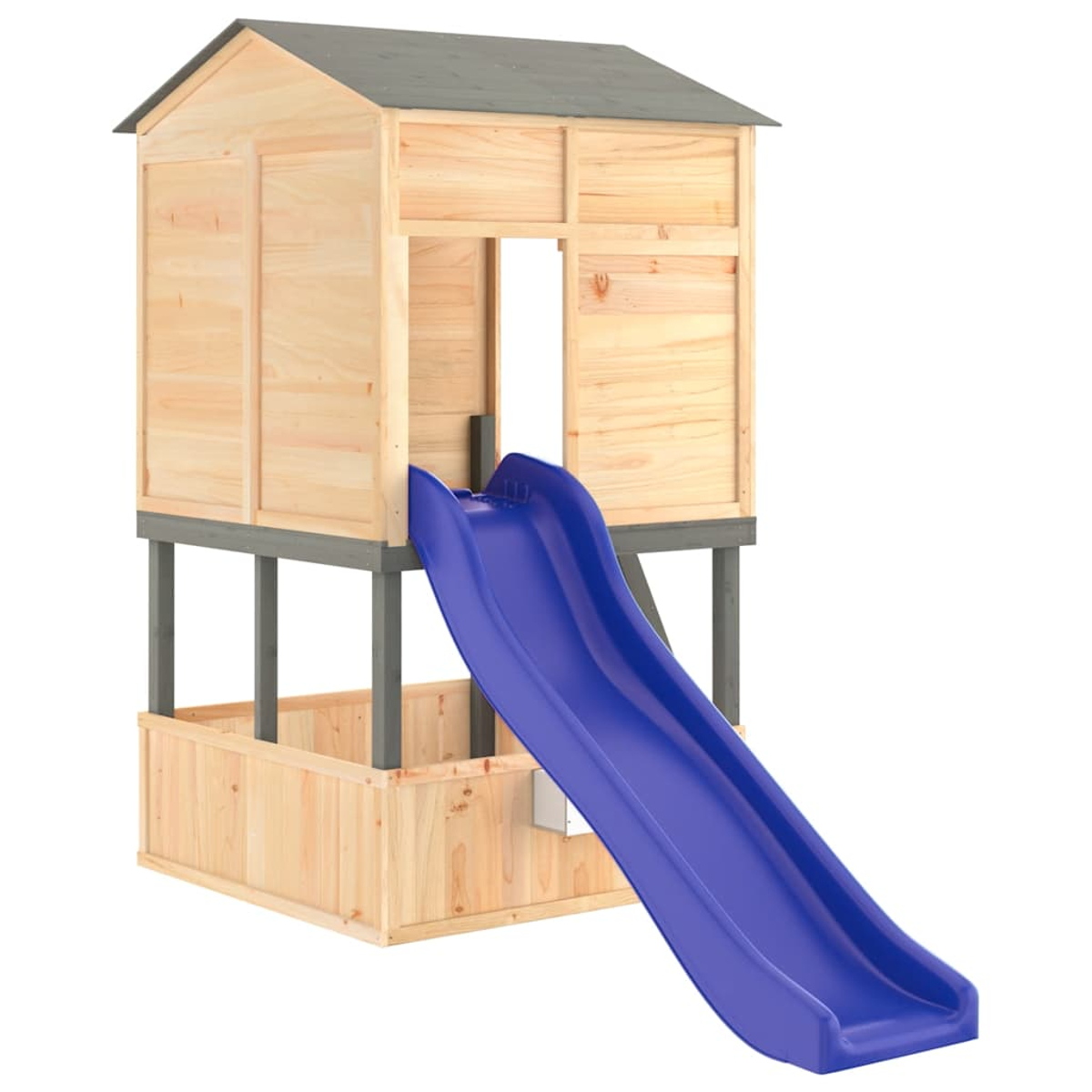 Holzspielhaus mit blauem Rutsche und grauem Dach.