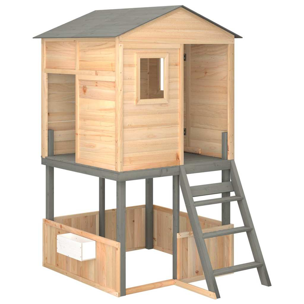 Ein zweistöckiges Holzhaus mit Leiter und Dach.