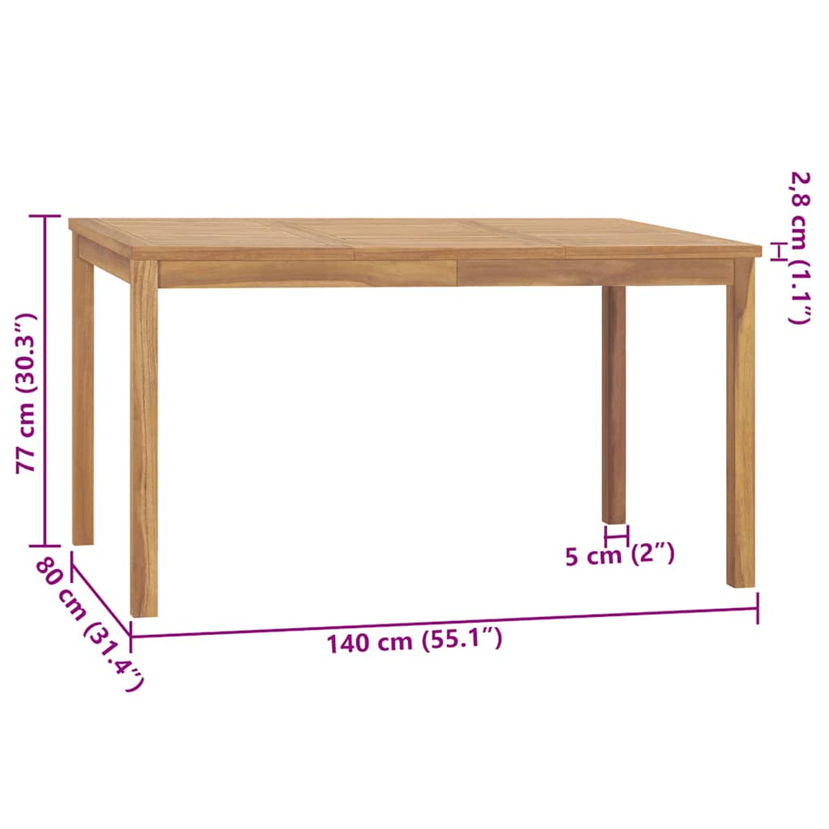 Tavolo in legno con dimensioni 140x80x77cm. Misure indicate da linee.