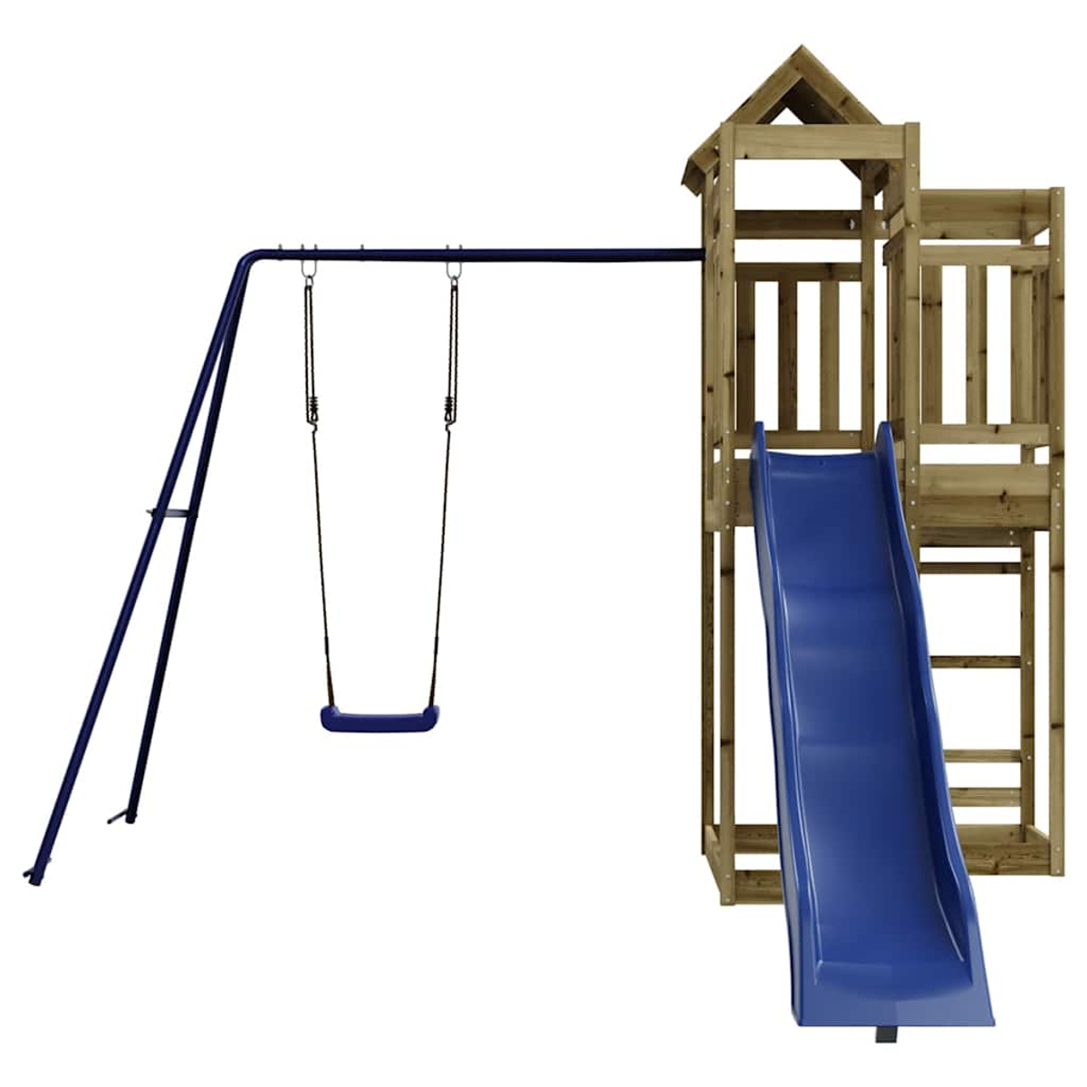 Holzspielturm mit Rutsche und Schaukel auf weißem Hintergrund.