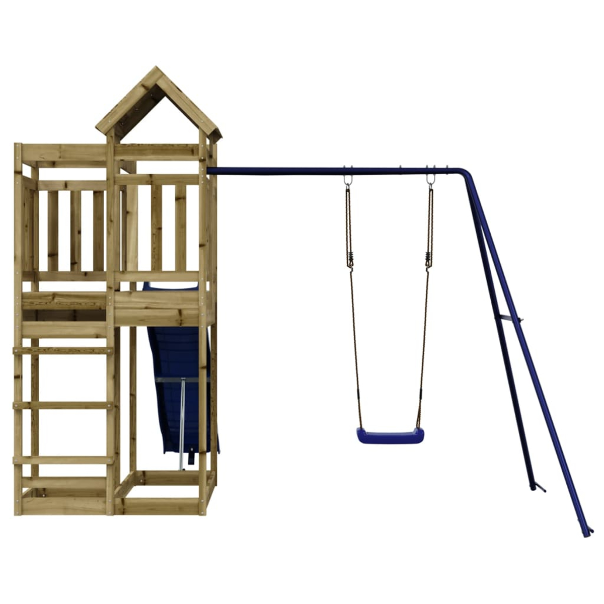Holzspielturm mit Leiter, Rutsche und blauer Schaukel auf blauem Metallgestell.