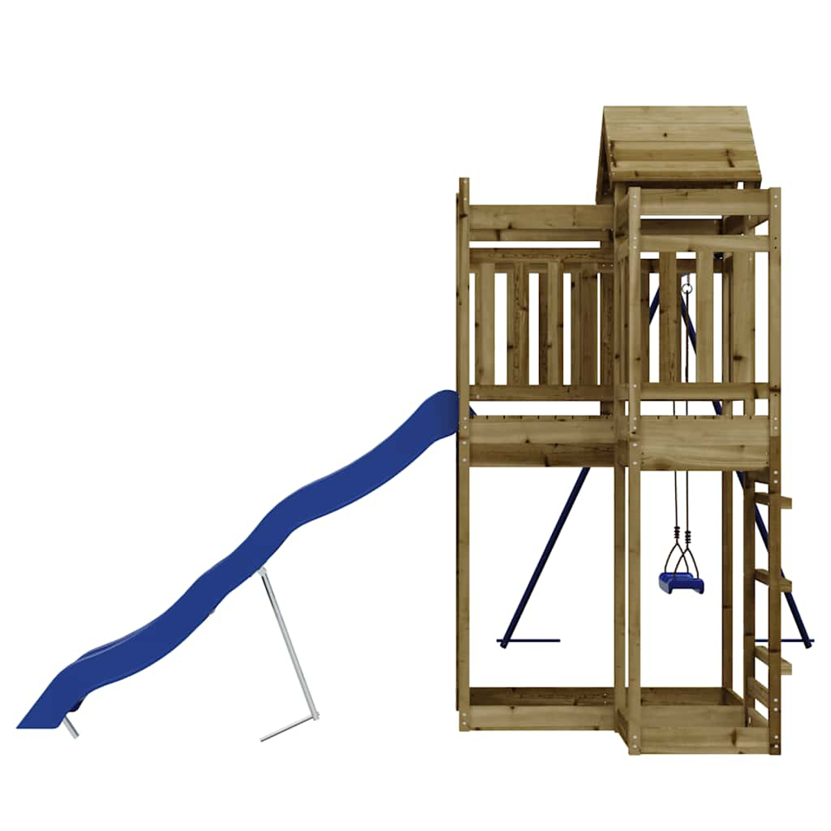 Holzspielturm mit blauer Rutsche, Schaukel und Kletterwand.
