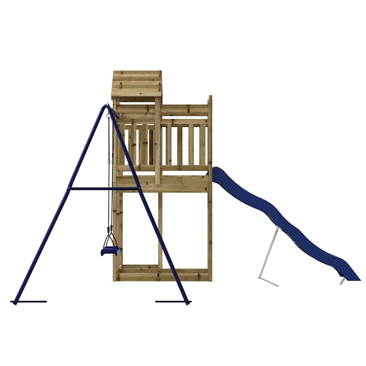 Ein Holzspielturm mit blauem Schwinggestell und Rutsche auf weißem Hintergrund.