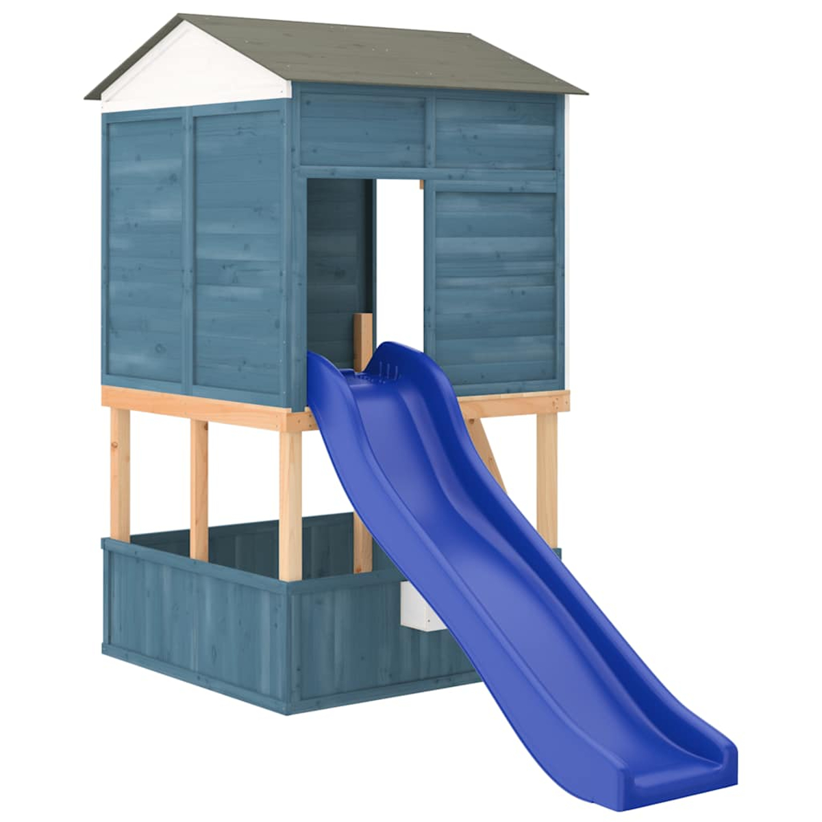 Ein blaues Spielhaus mit einer Rutsche auf Holzpfosten.