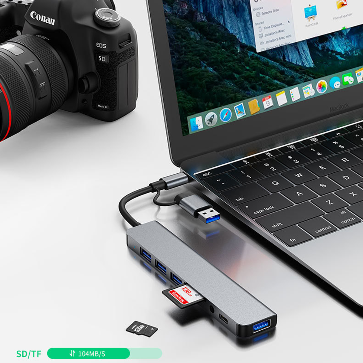 Laptop mit USB-Hub, SD-Karte und Kamera. Grau.