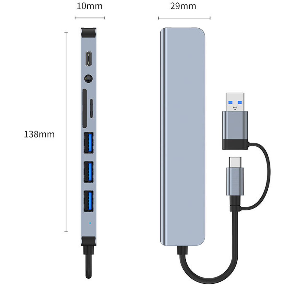 Ein blaugrauer USB-C-Hub mit Anschlüssen und Kabeln, Maße angegeben.