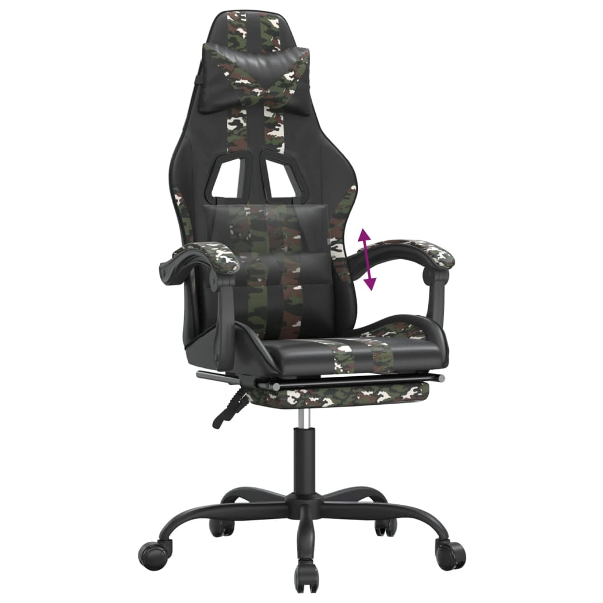 Schwarzer Gaming-Stuhl mit Camouflage-Muster und verstellbaren Armlehnen.