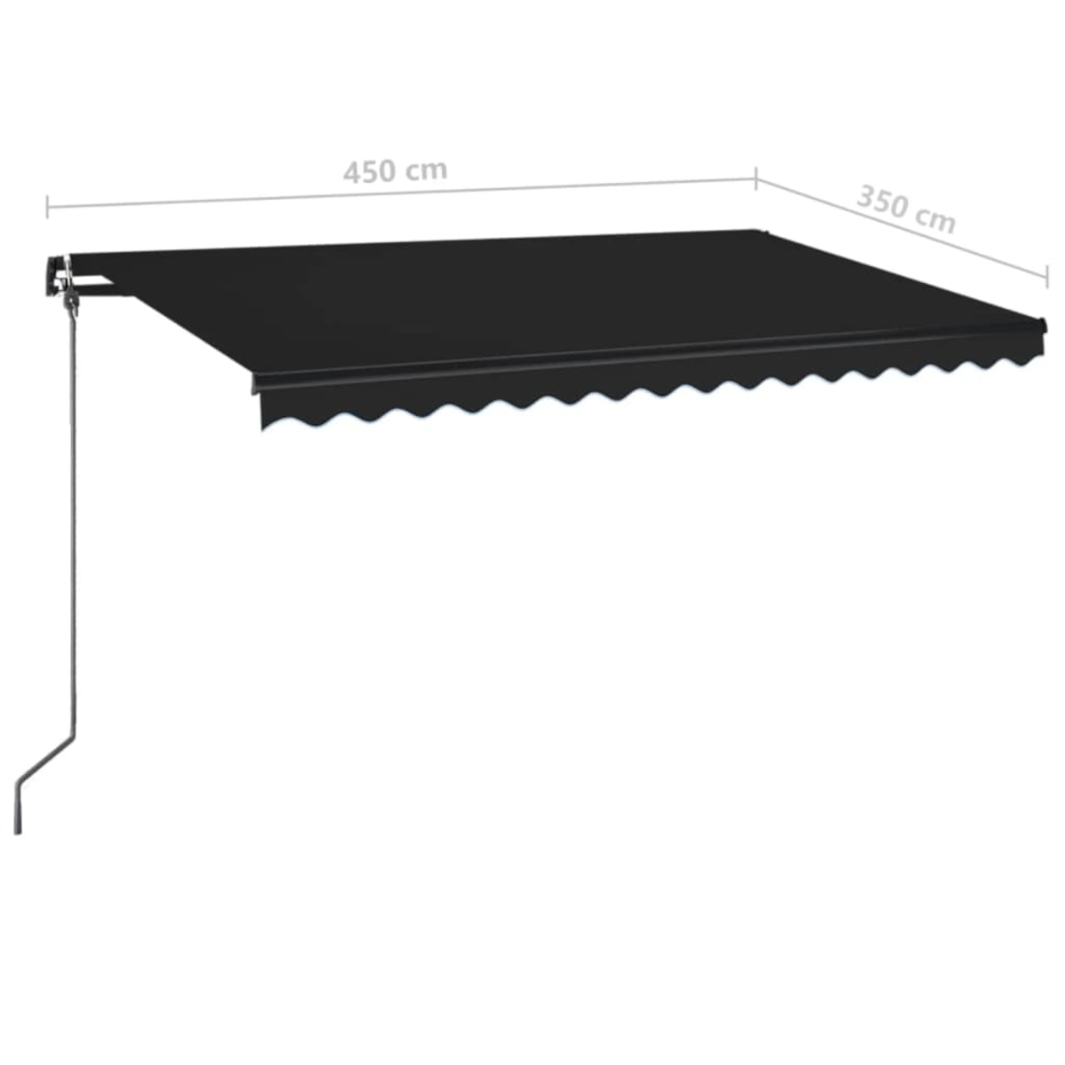 Schwarzes Markisendach mit Wellensaum und Maßen 450x350 cm.