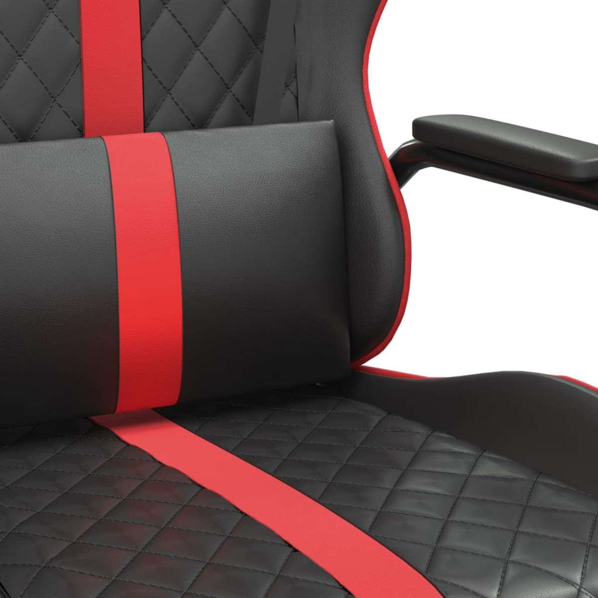 Schwarzer Gaming-Stuhl mit roten Akzenten und gestepptem Sitz.