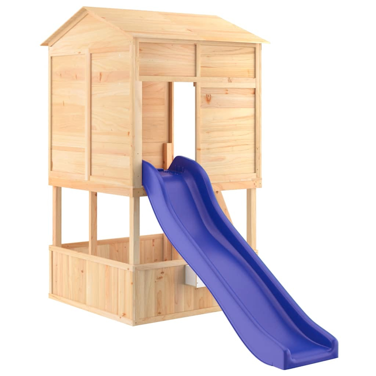 Ein Holzspielhaus mit einer blauen Rutsche auf weißem Hintergrund.