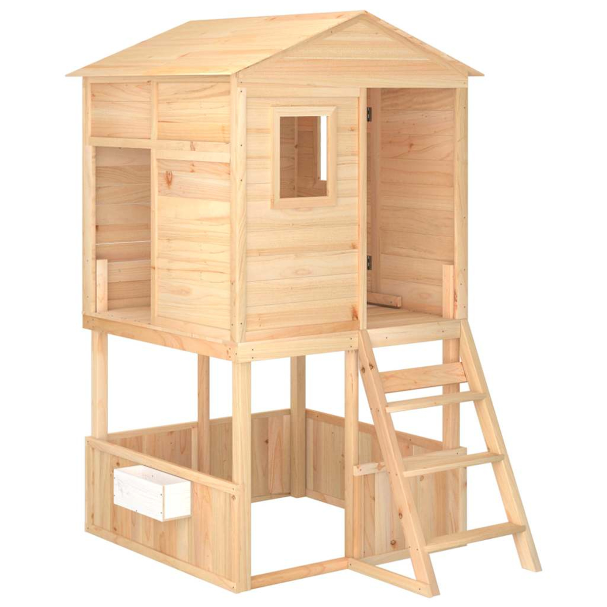Ein zweistöckiges Holzspielhaus mit Leiter und Fenster.