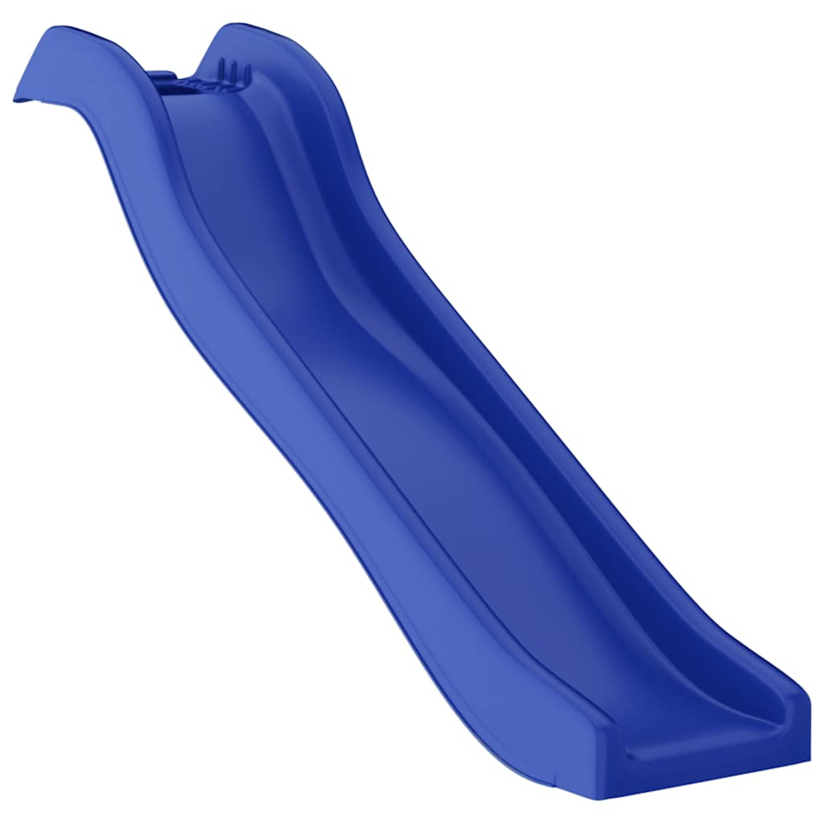 Eine blaue Rutsche mit Griffen an der Oberseite auf weißem Hintergrund.