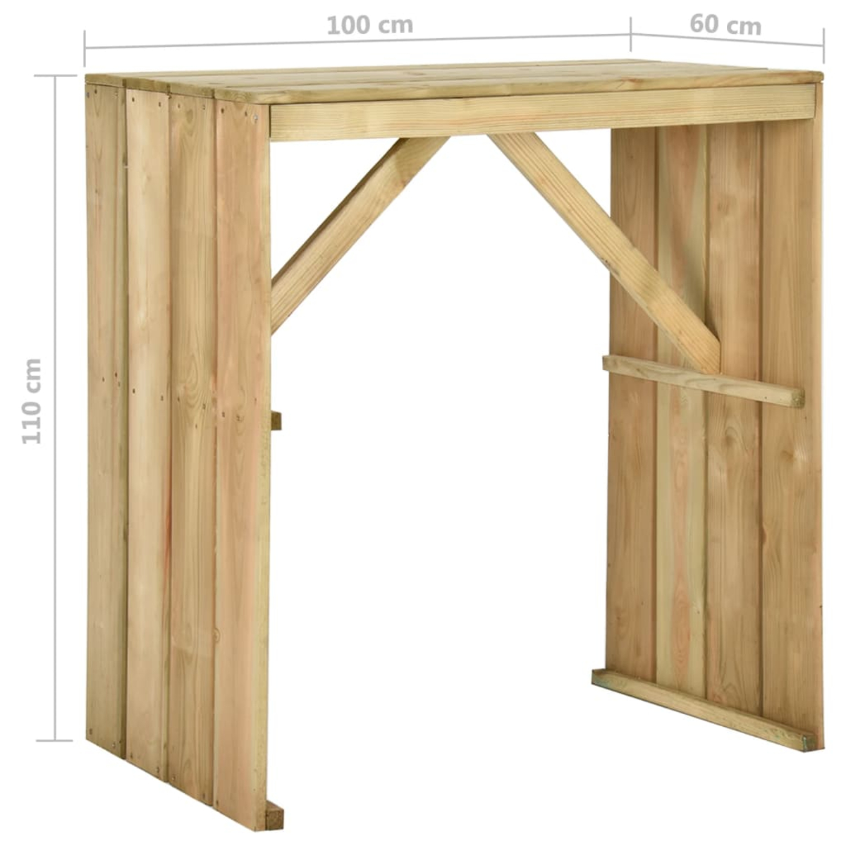 Holzbartisch (100x60x110 cm) mit diagonaler Verstrebung, auf weißem Grund.