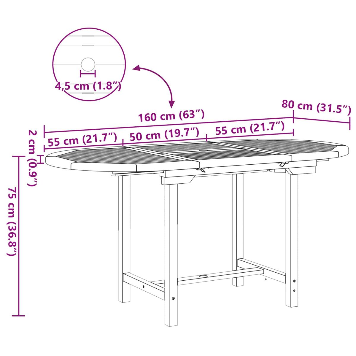 Una mesa de madera extensible con dimensiones. Largo 160cm, ancho 80cm.