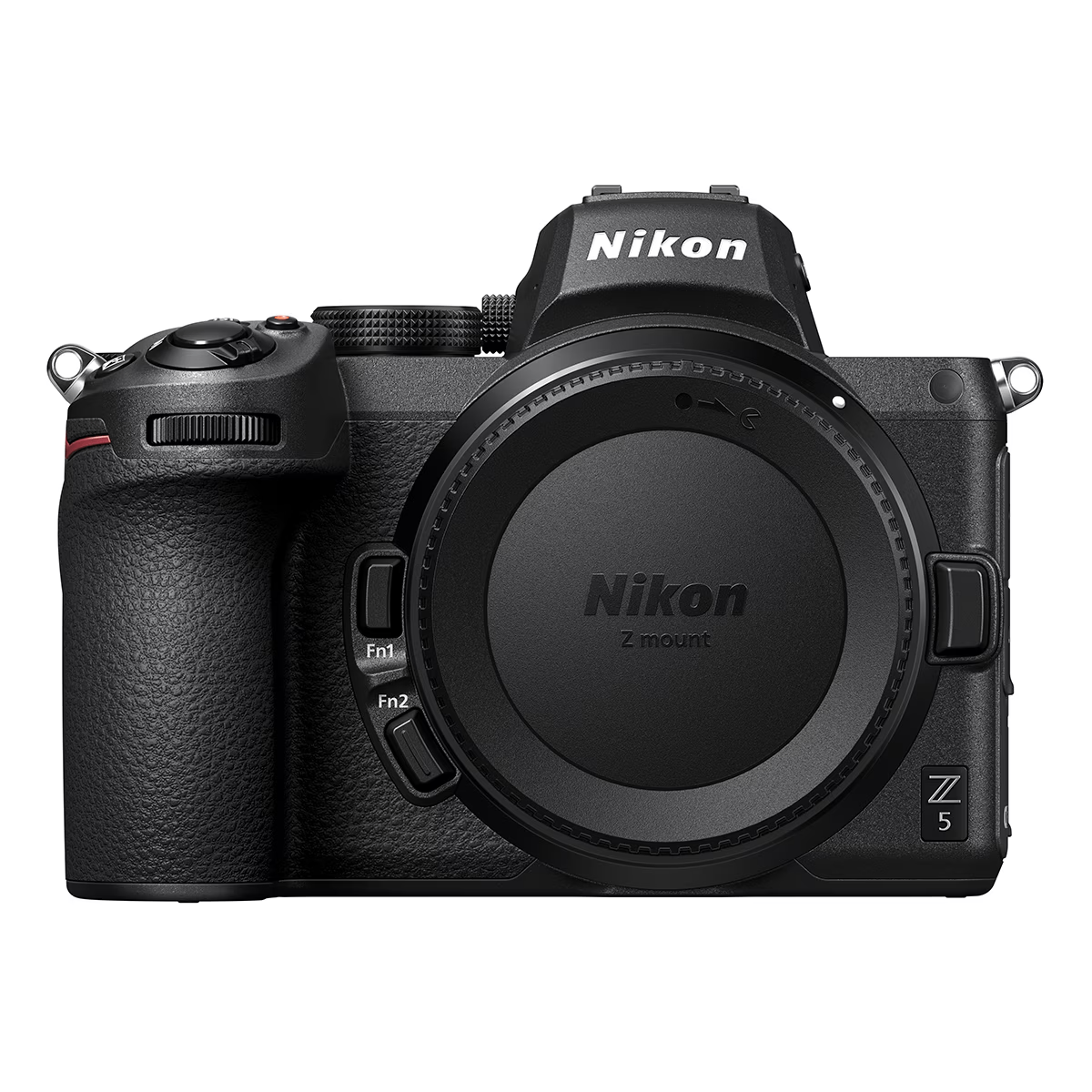 Cámara Nikon Z 5 negra con tapa de lente puesta y montura Z visible.