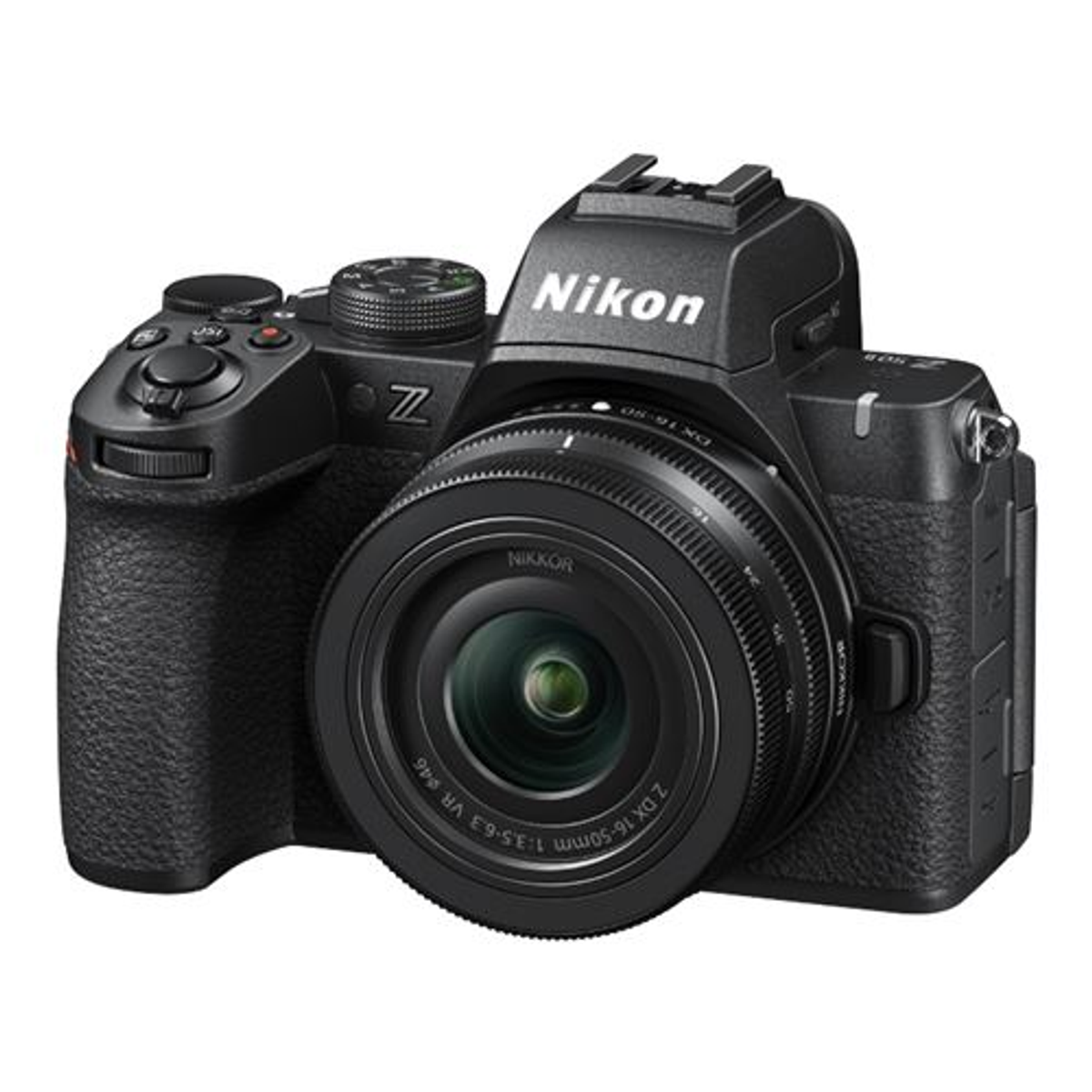 Una cámara Nikon Z negra con lente Nikkor. La cámara tiene agarre y controles.