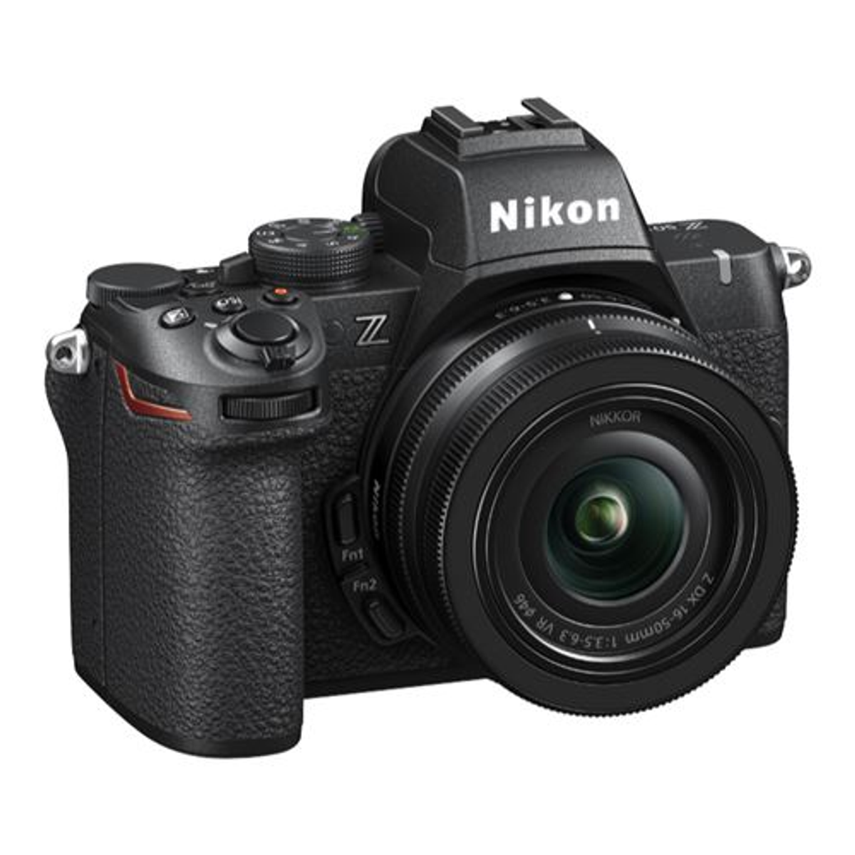 Cámara Nikon negra con lente acoplada. Texto blanco en la parte superior.