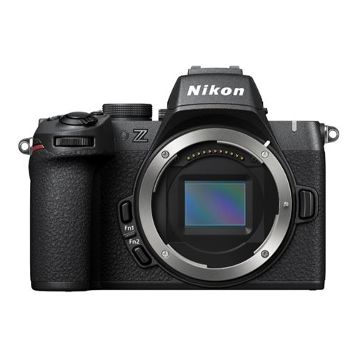 Una cámara Nikon negra con montura Z y el logo de Nikon arriba.