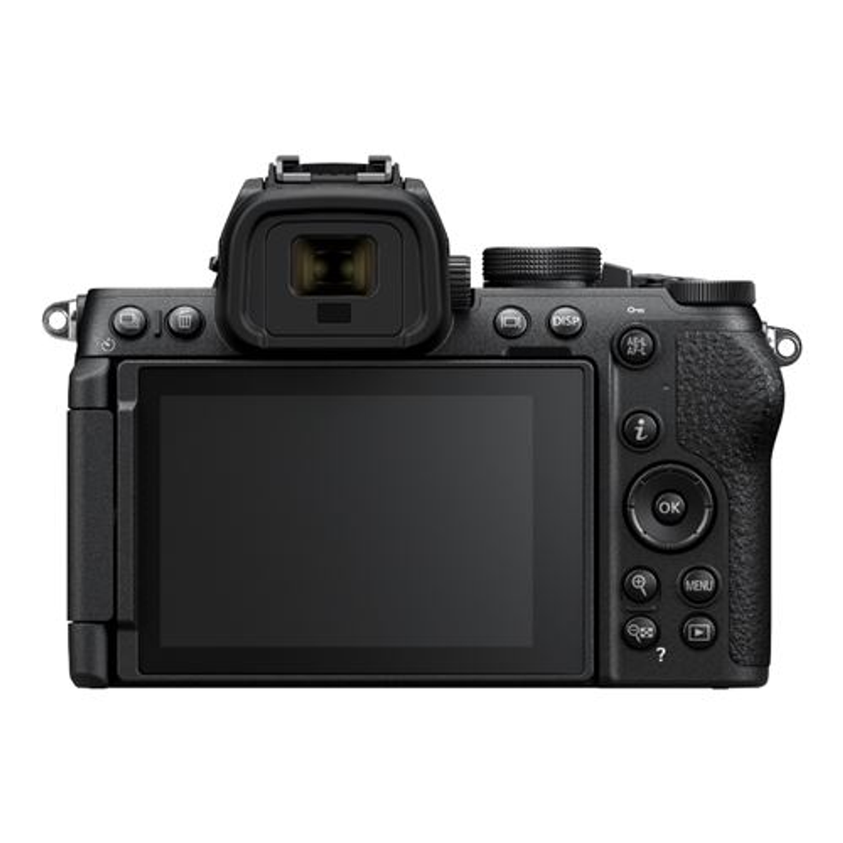 Vista trasera de una cámara digital negra con pantalla LCD y visor.