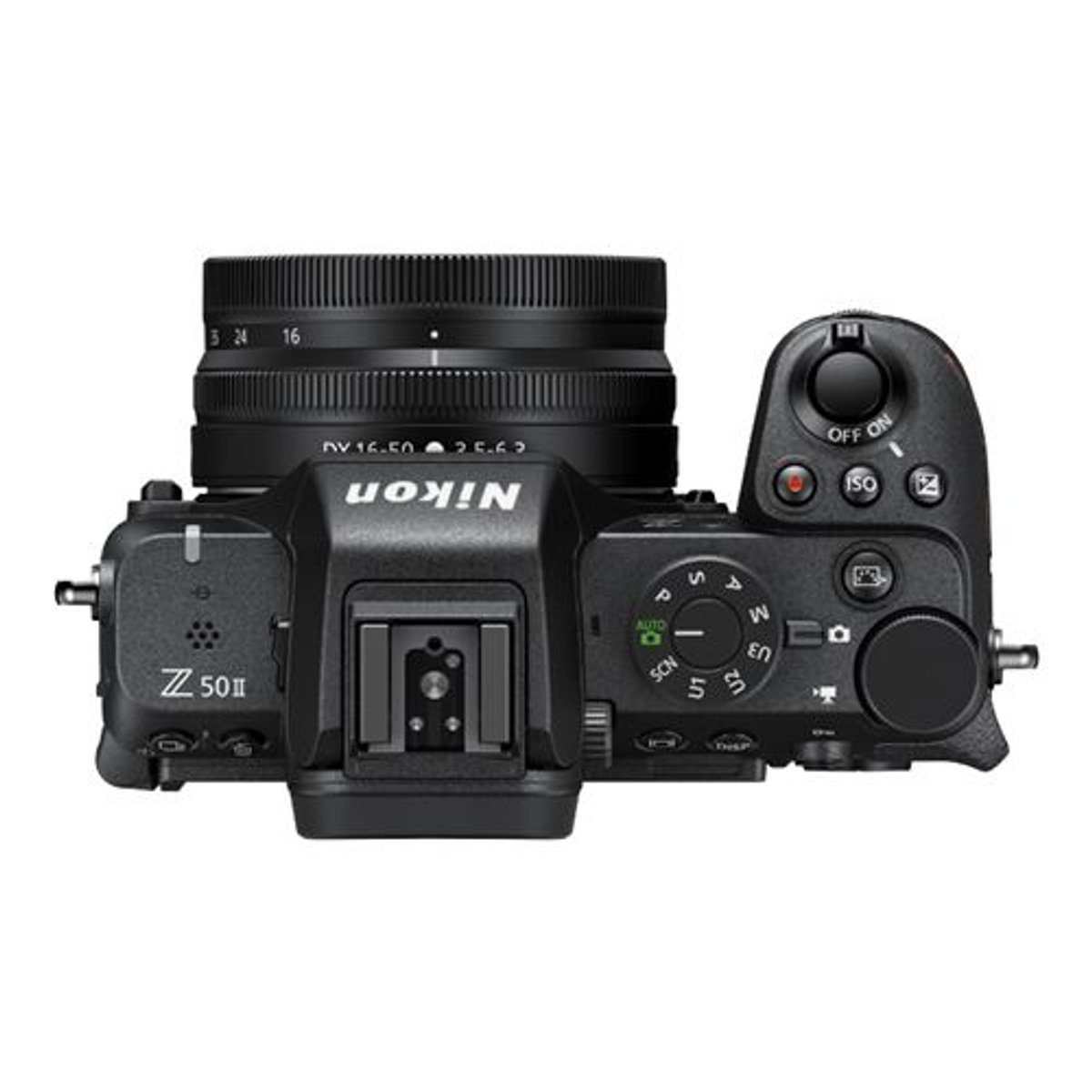 Una cámara Nikon Z50 II negra con lente, vista desde arriba.
