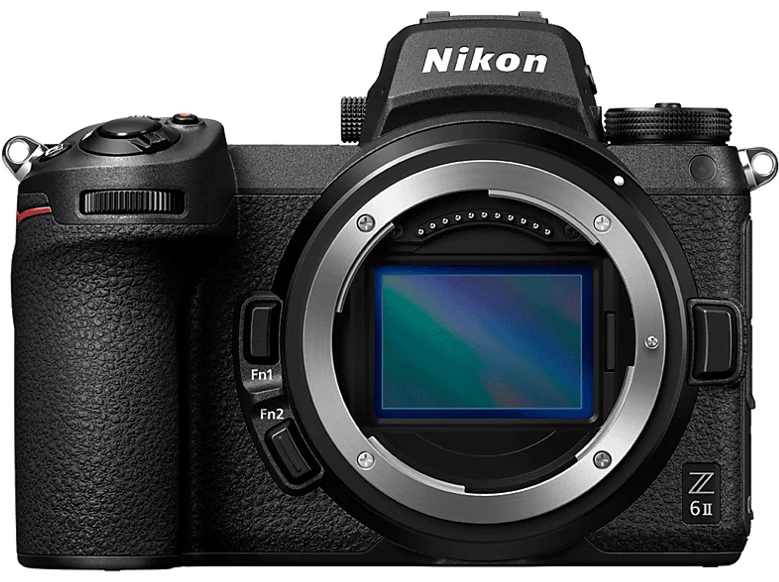 Fotocamera Nikon Z6II nera con innesto obiettivo argentato e sensore visibile.