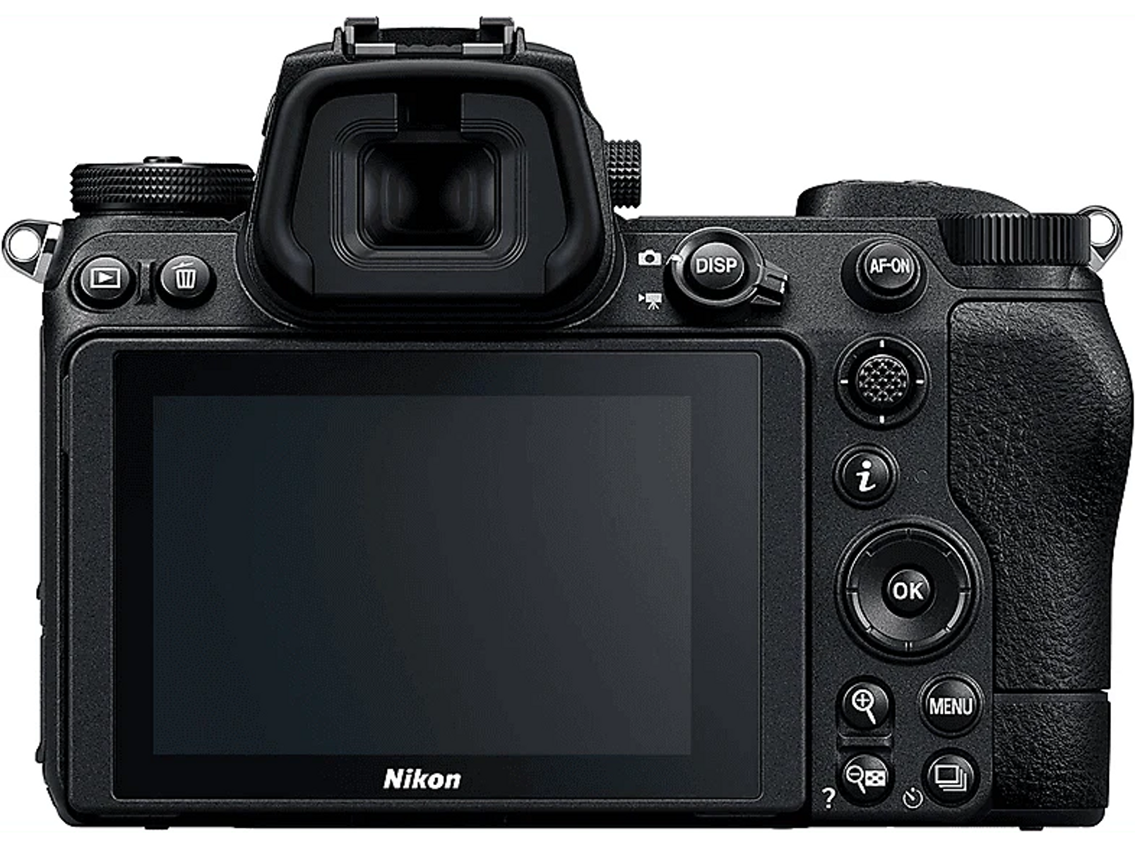 Vista posteriore di una fotocamera Nikon nera con schermo, mirino e pulsanti.