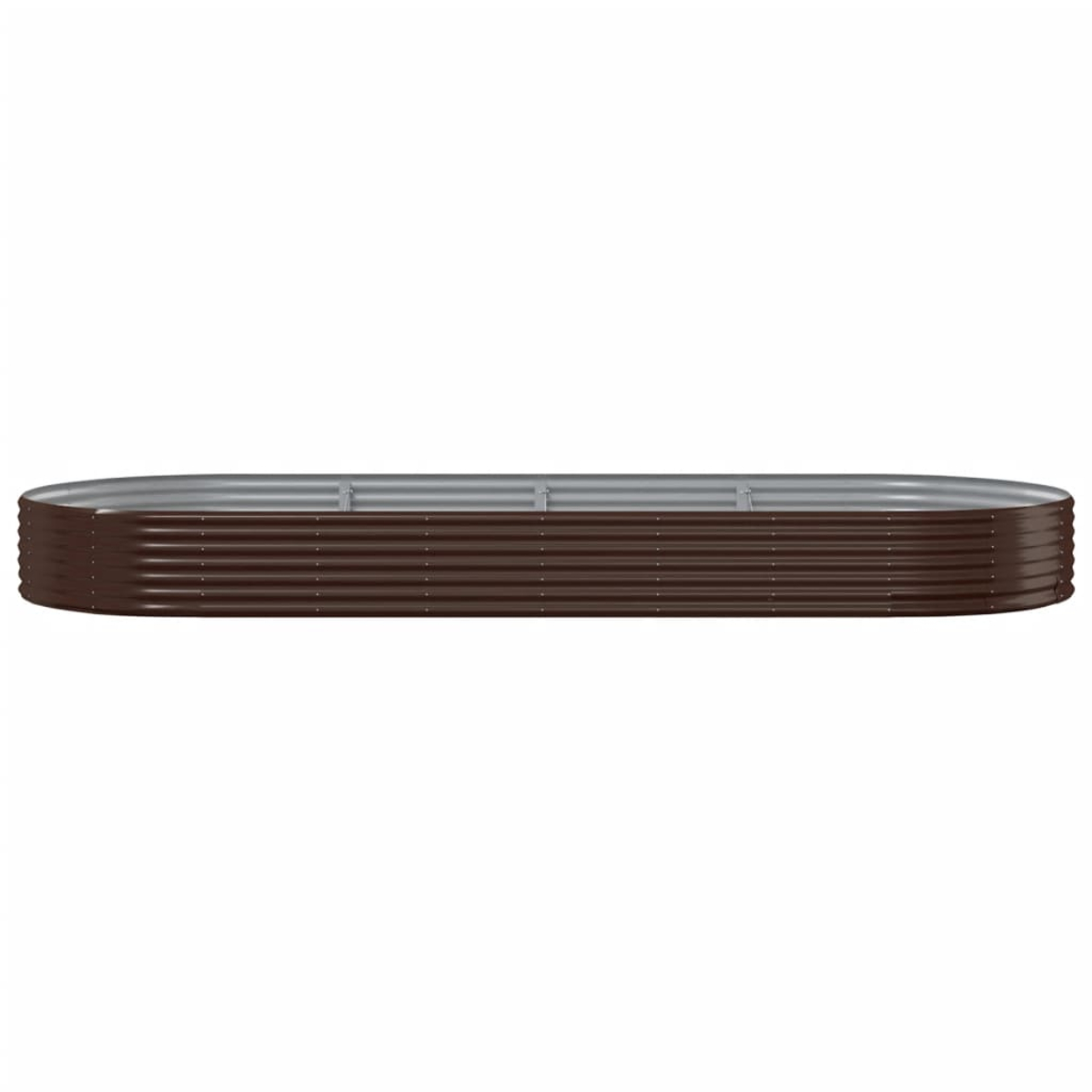 Braunes Hochbeet aus Metall mit silbernem Rand, oval, geriffelt.