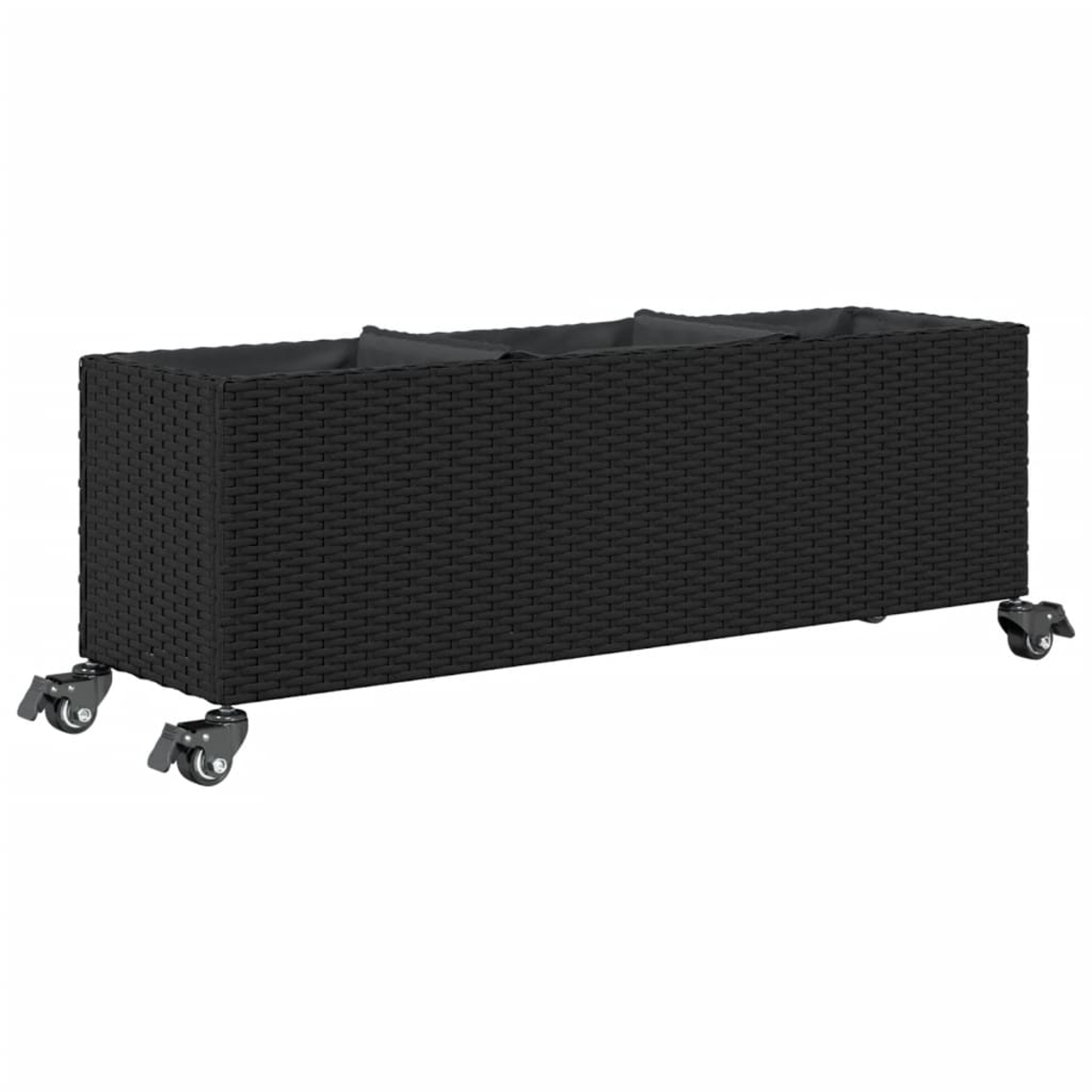 Fioriera rettangolare nera in rattan con ruote e divisori.