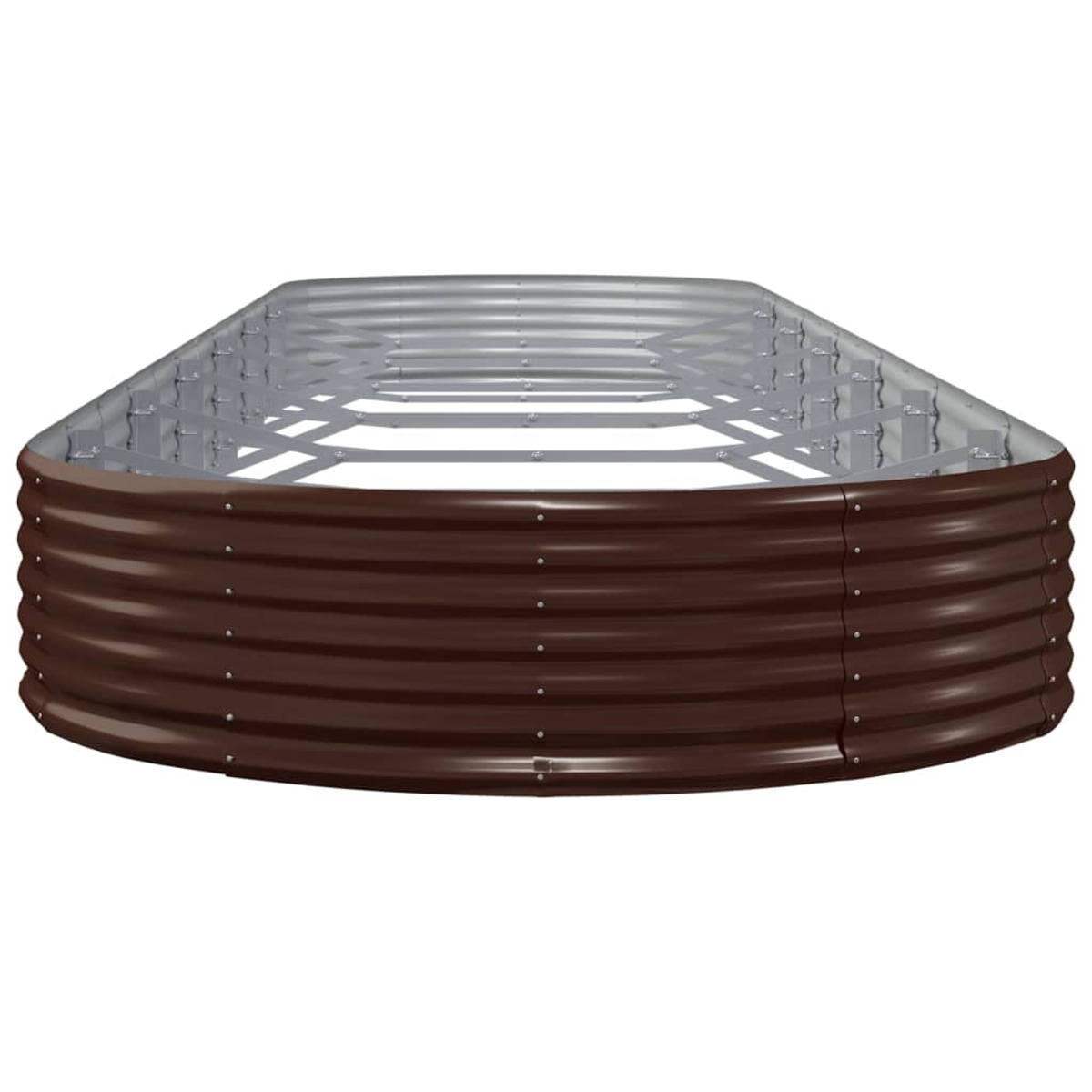 Ein braunes, gewelltes Hochbeet mit Metallrahmen, freigestellt auf weißem Hintergrund.