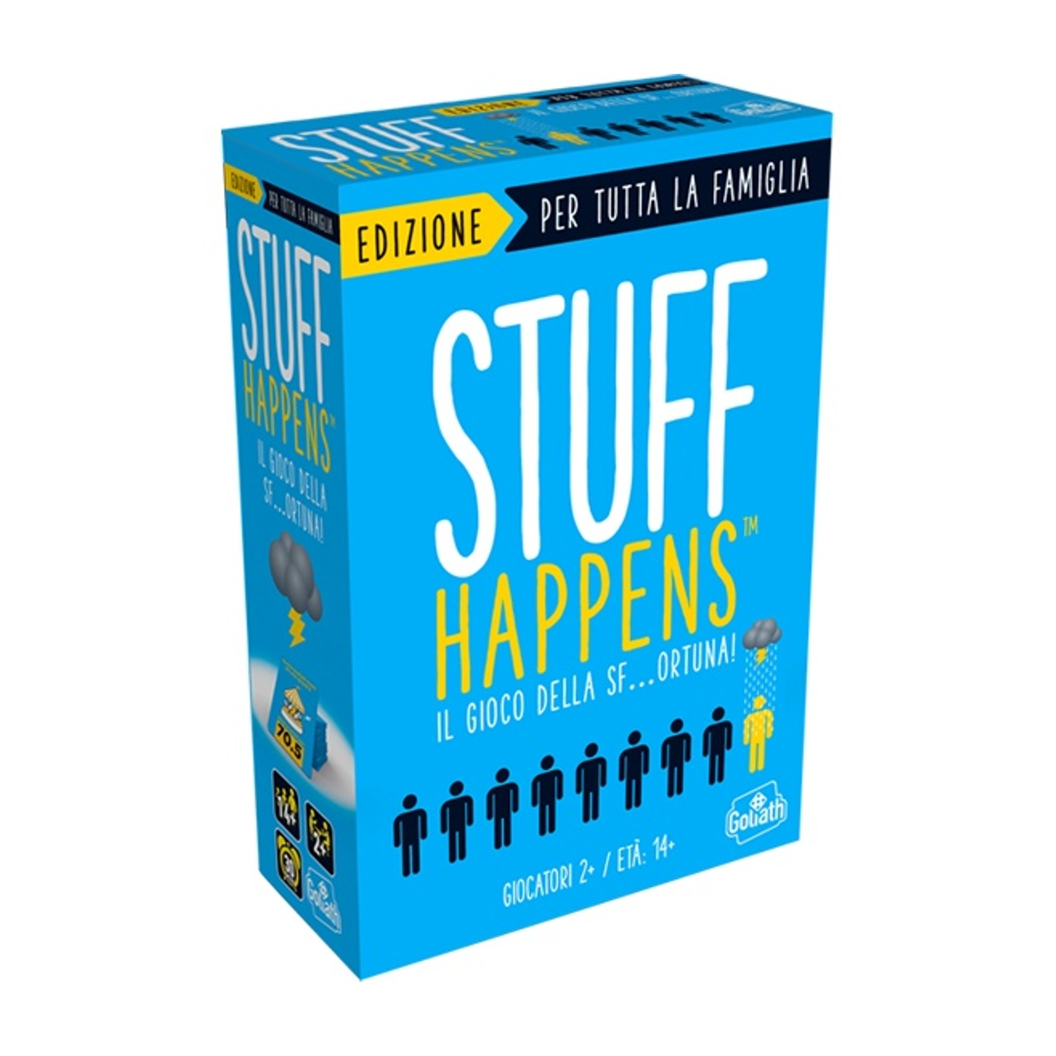 Una scatola blu del gioco intitolata STUFF HAPPENS. Sul davanti ci sono sagome di persone.