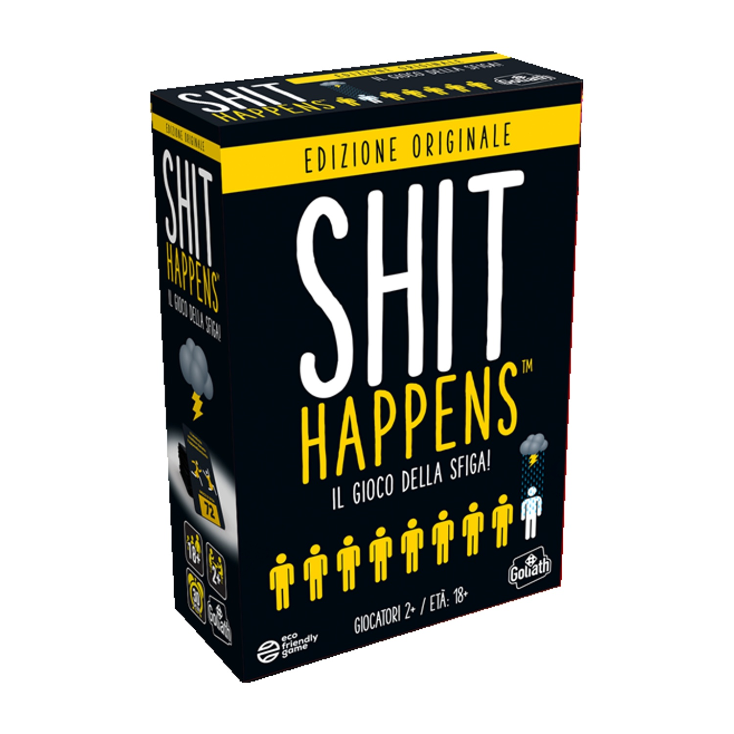 Schwarze Spielschachtel mit gelber Schrift "SHIT HAPPENS" und Spielsymbolen.